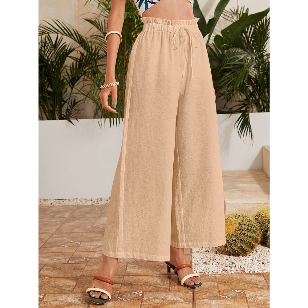 High waisted Frilled Waist Solid Wide Leg Pants green - Picture 7 of 13